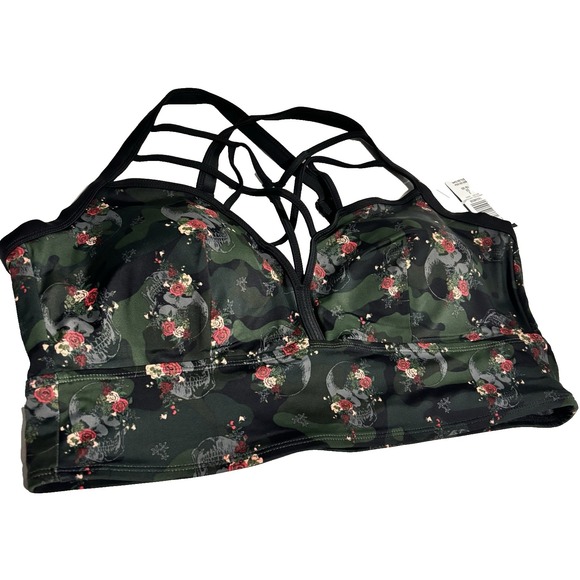 Torrid Strappy Cross Front Bikini Top Traditional Roses Skulls Black 2X NWT